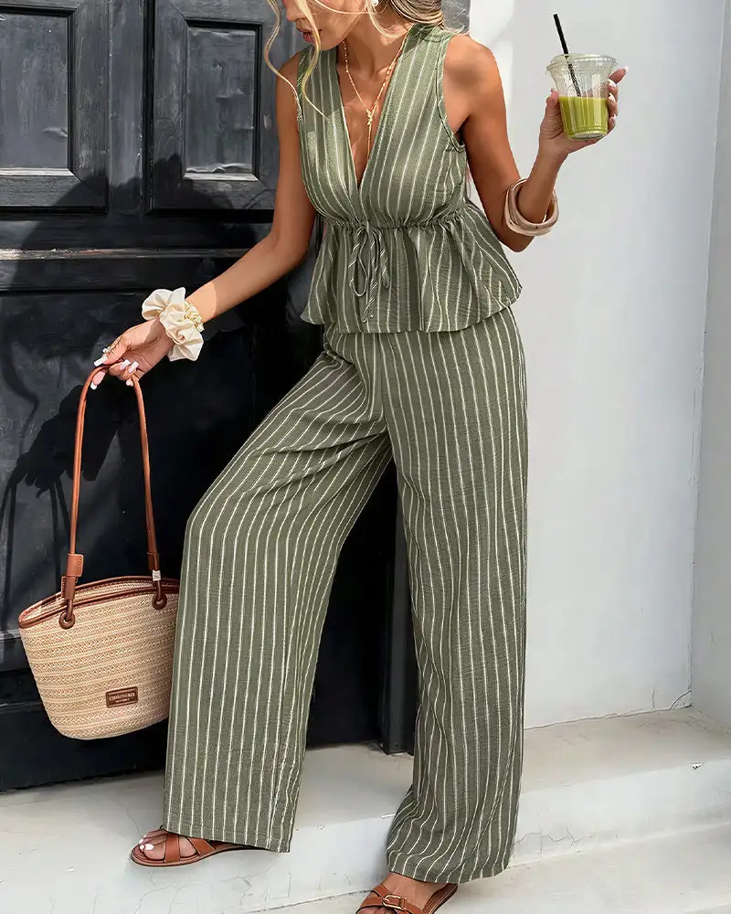 Striped V-Neck Peplum and Wide Leg Pants Two-Piece Set