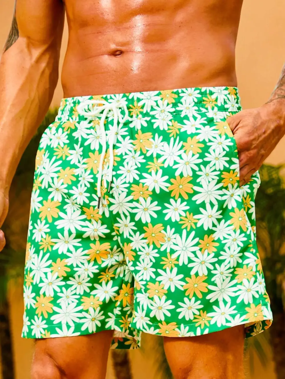 Men's Pocket Floral Print Drawstring Swim Trunks