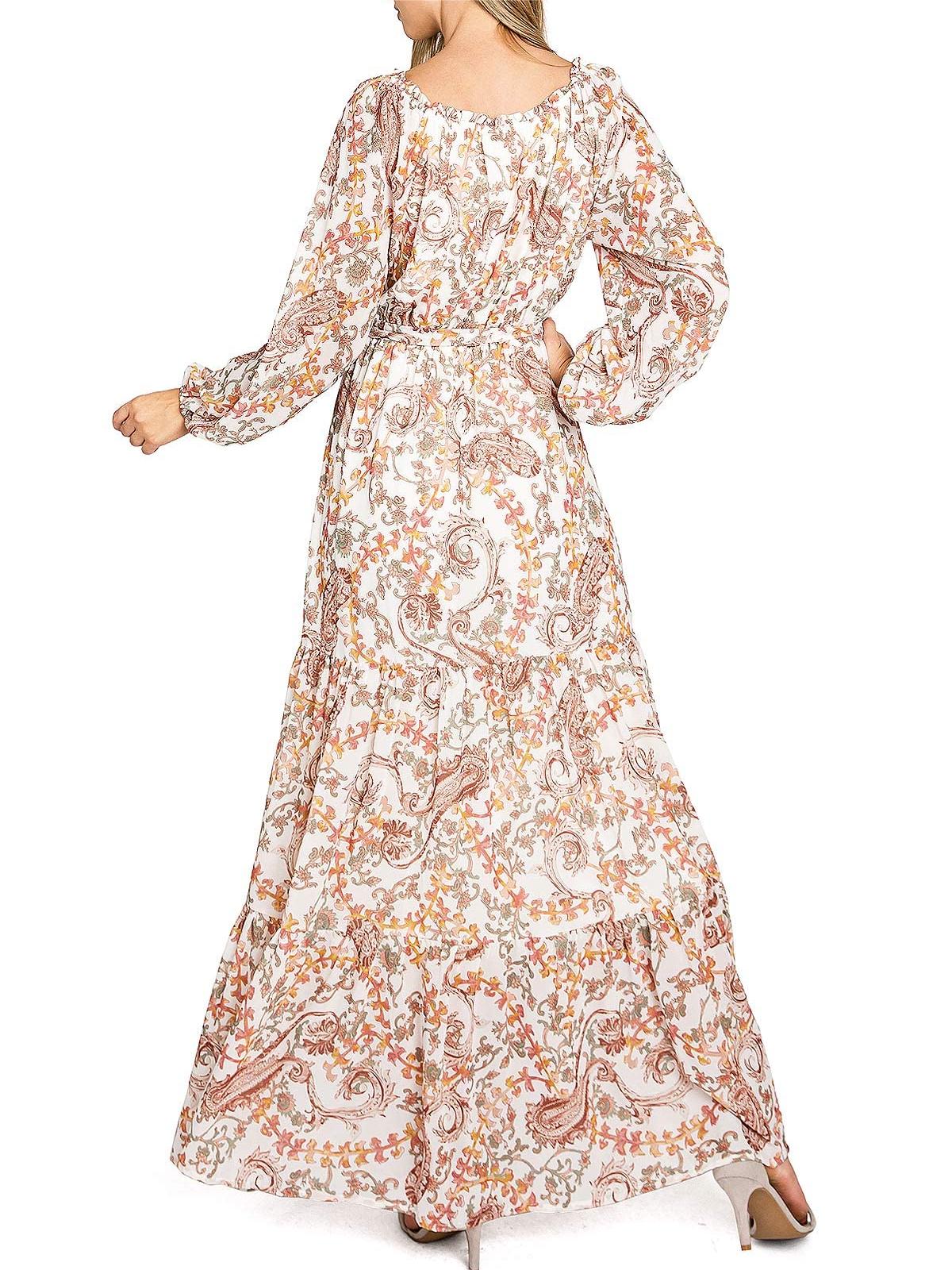 Beige Floral Long - Sleeve Maxi Dress