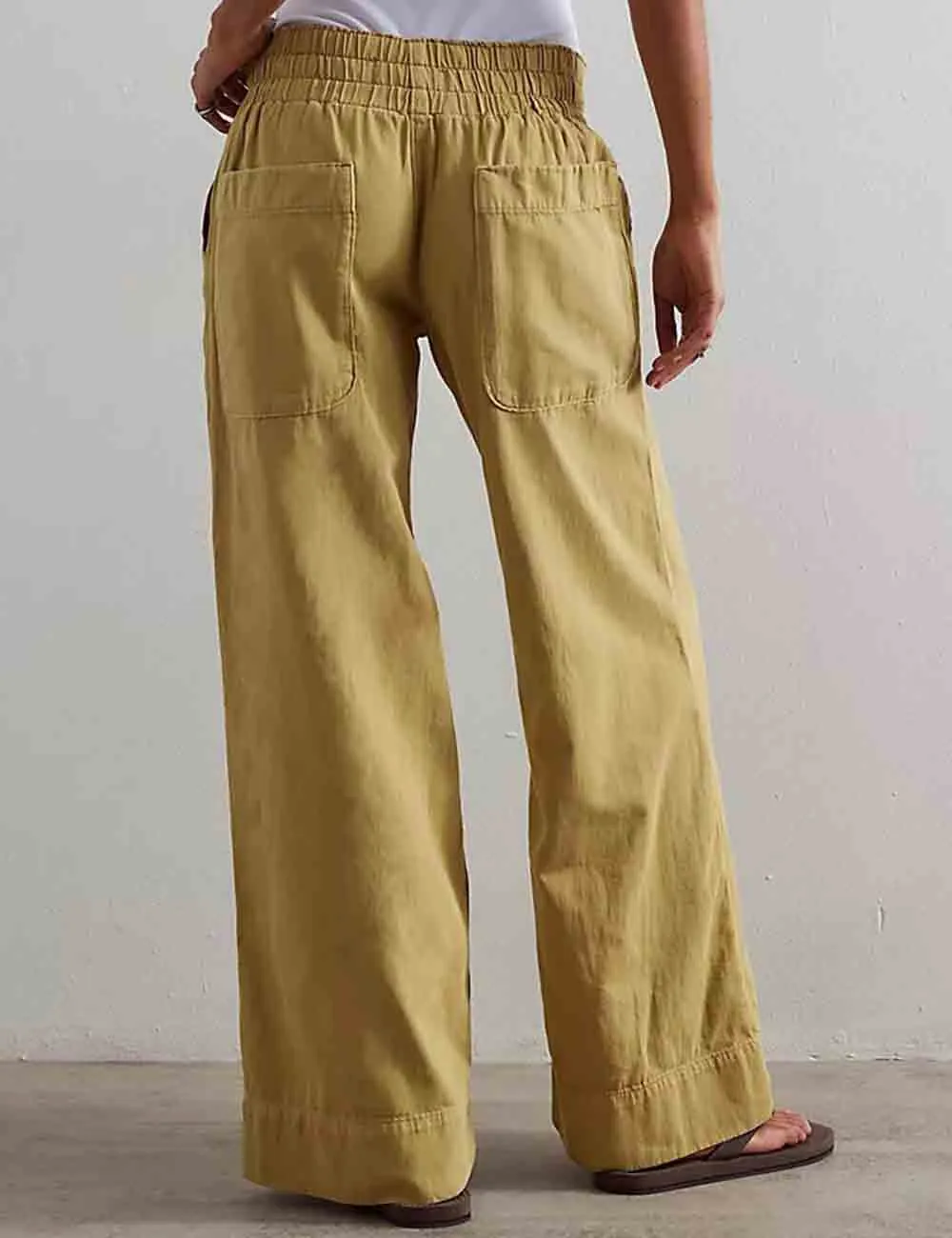 Elastic Waist Pocket Wide Leg Denim Pants