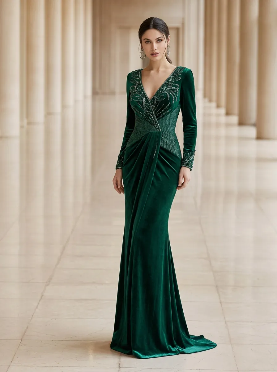Beaded Velvet-Look V-Neck Formal Evening Gown