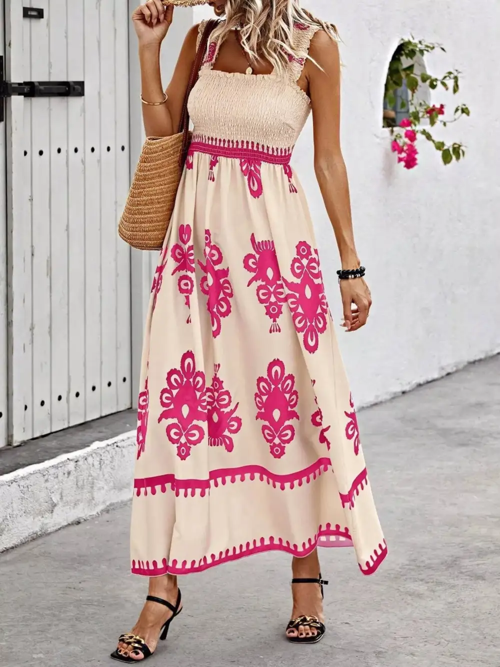 Printed Square Neck Smocked Maxi Dress
