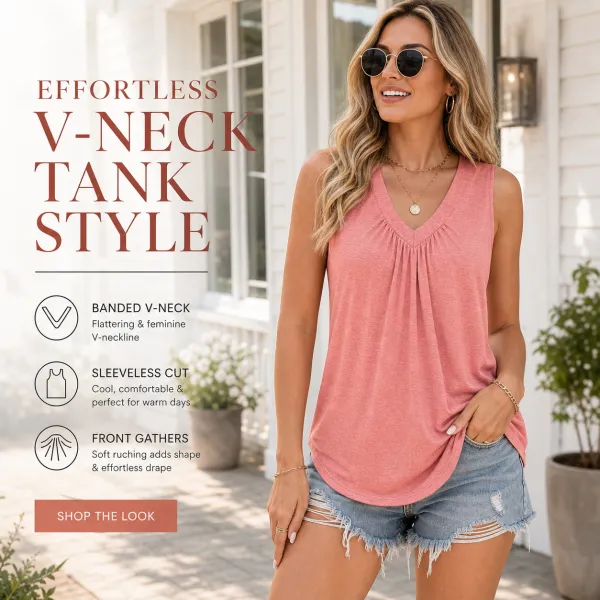 Women's V-Neck Ruched Sleeveless Tank Tops