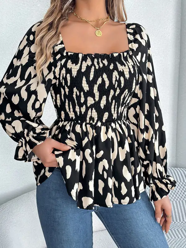 Long Sleeve Puff Sleeve Leopard Pleat Detail Ruffle Square Neck T-Shirt