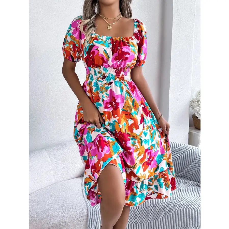 Ruffled Hem Smocked Short Sleeve Midi Dress