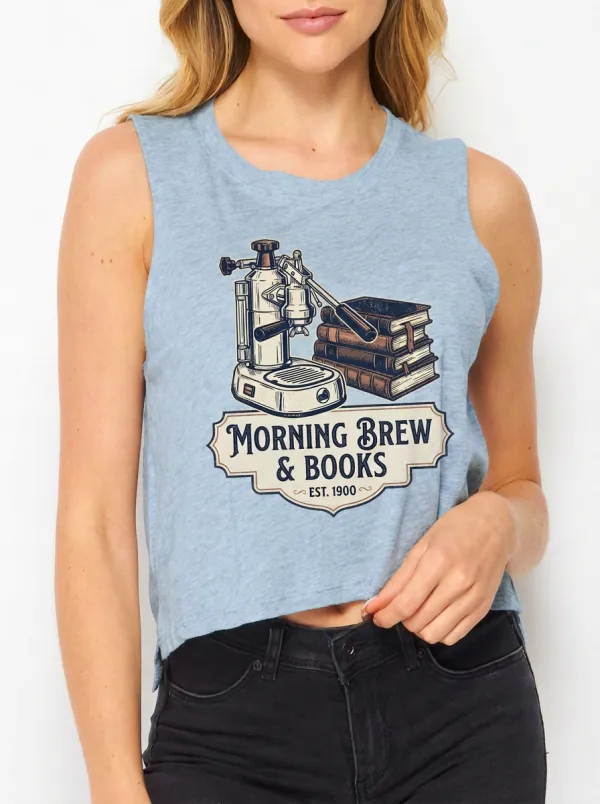 Women's Coffee and Book Lover Morning Brew Printed Crop Tank Top