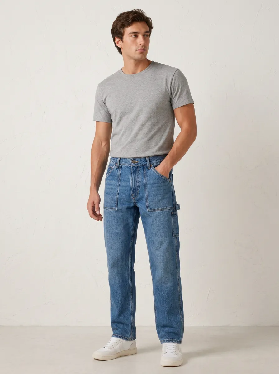 Men's Casual Blue Denim Utility Pocket Jeans