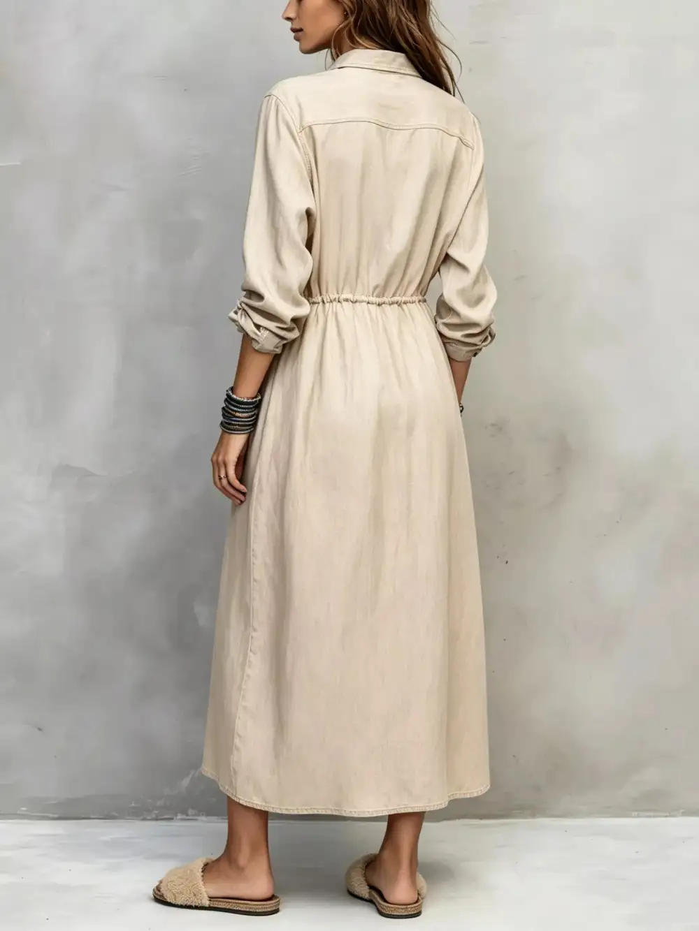 Button Front Long Sleeve Drawstring Waist Shirt Dress