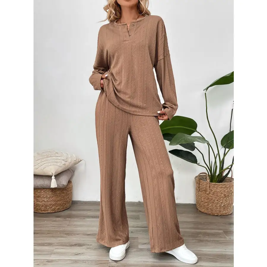Quarter Button Long Sleeve Top and Pants Set