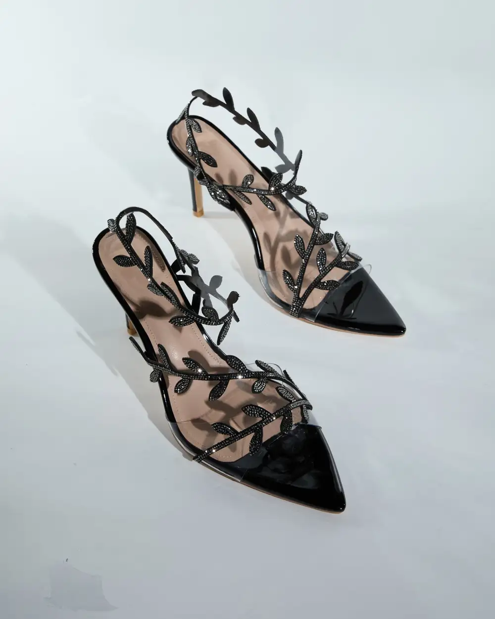 Rhinestone Leaf Sandals in Black
