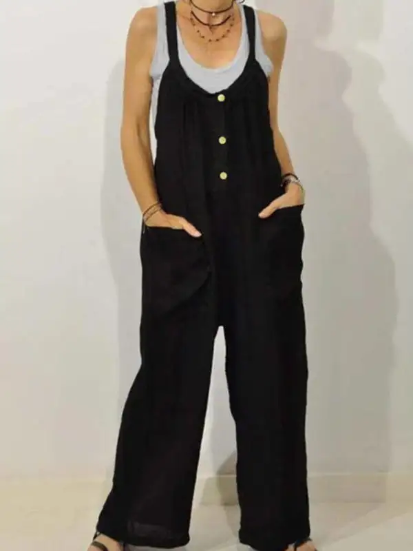 Cotton Linen Overall Pocket Elastic Band Jumpsuit