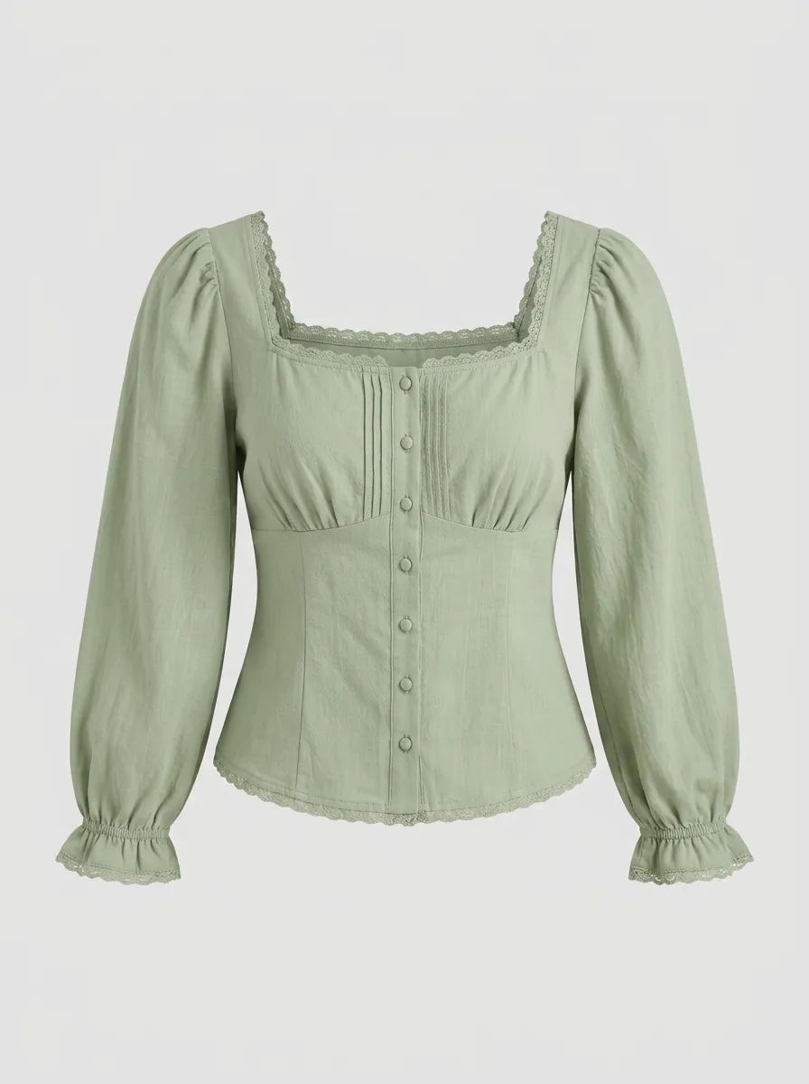 Women's Sage Green Lace Trim Square Neck Button Up Blouse