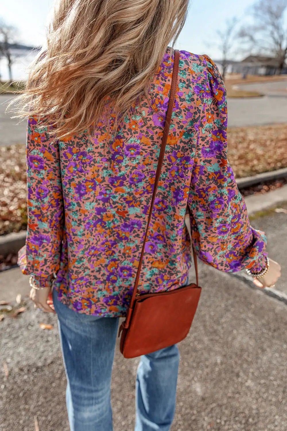 Floral Allover Print Shirred Cuff Frilled Crew Neck Blouse
