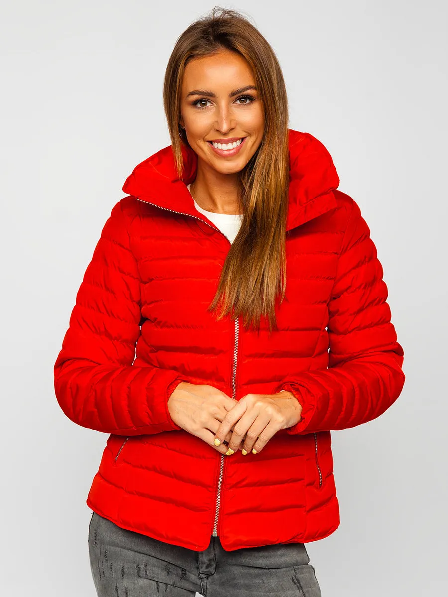 women's red quilted winter jacket without hood