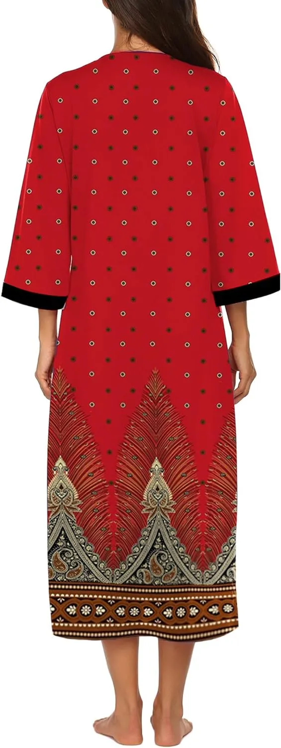 50% OFF Women Zipper Robe 3/4 Sleeves Loungewear Dress Full Length Sleepwear Pockets Housecoat Nightgown Long Bathrobe