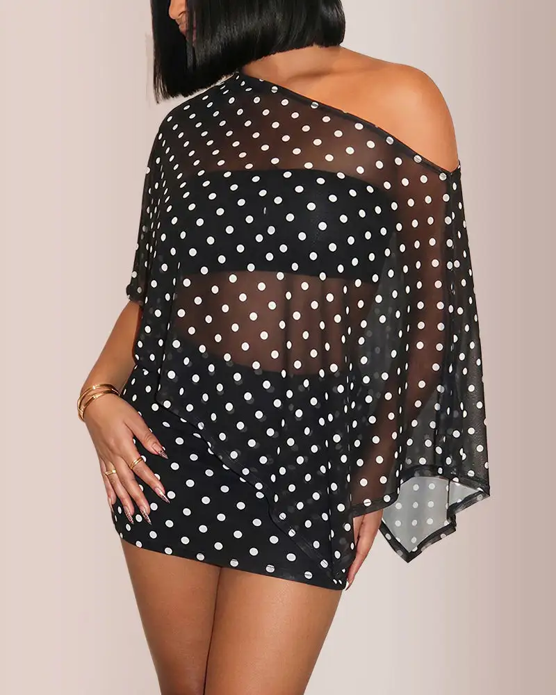 Sheer Asymmetrical Top and Mini Skirt Two-Piece Set