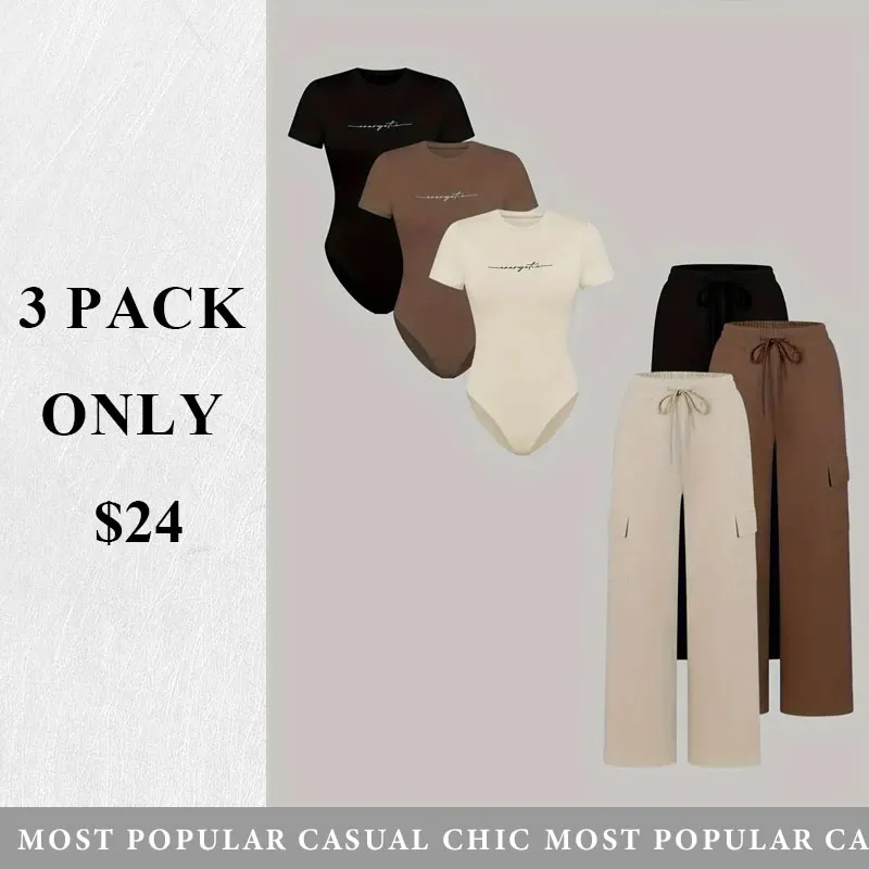 (3-SETS)Women'S Casual  Print Short Sleeve Round Neck TightJumpsuit And Waist Tie Wide Leg Pants With Pockets Set