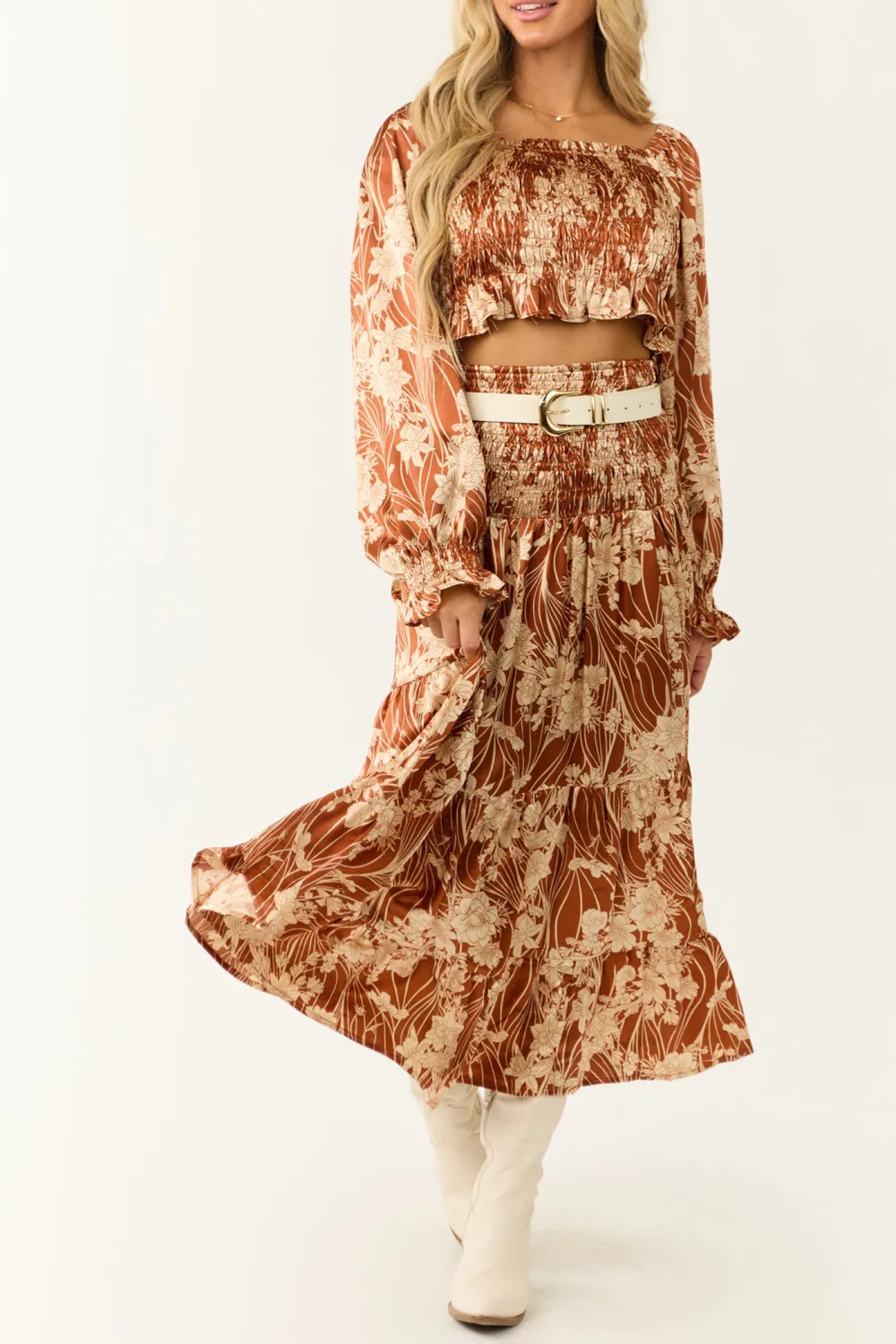 Burnt Orange Floral Print Satin Skirt