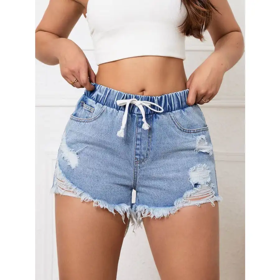 Distressed Drawstring Raw Hem Denim Shorts