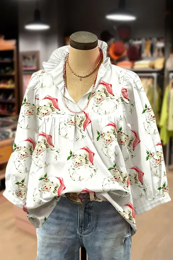 Christmas Santa Print Ruffle V-Neck Blouse