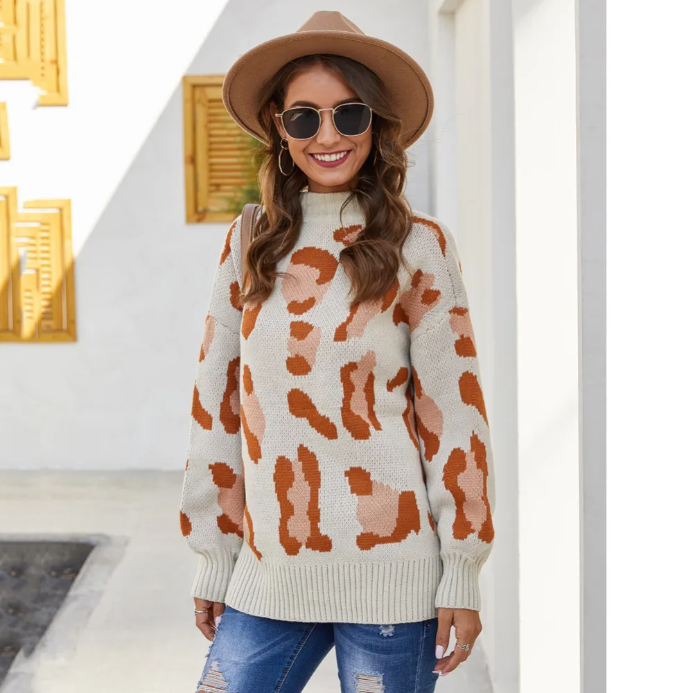 Leopard Print Pullover Knitted Sweater