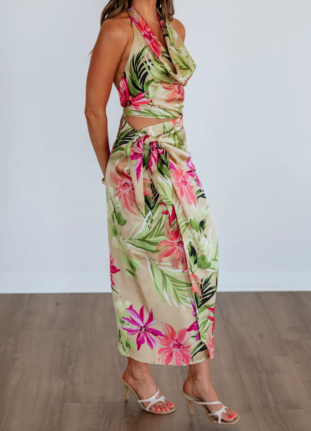 Tropical Print Satin Faux Leather Midi Skirt