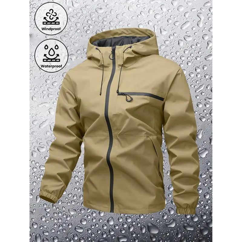 Men's Plain Waterproof Windproof Drawstring Zip Up Hooded Jacket, Casual Long Sleeve Zipper Pocket Design Outerwear for Outdoor Activities, Men's Clothes for All Seasons, Menswear m 65 jacket Stripe Print Baseball Bomber Jacket