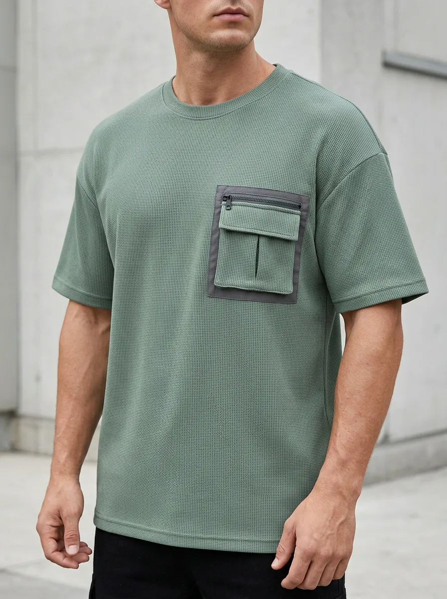 Heritage Waffle Texture Zipper Pocket Modern Look Men's Cargo Pocket T-Shirt
