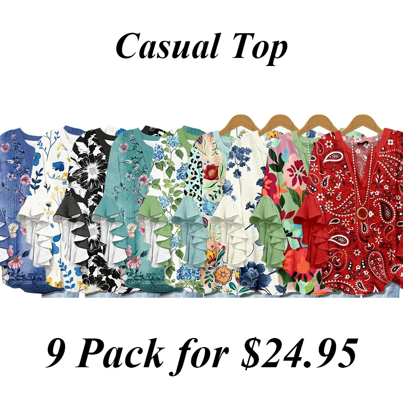 Vintage Floral Print Puff Sleeve Blouse-9PACK,15PACK