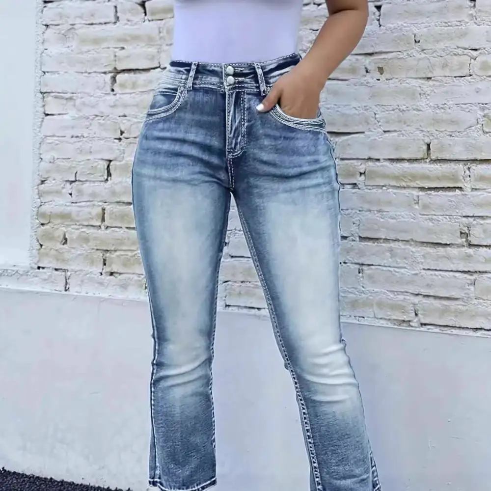 Washed Embroidered Flare Denim Jeans