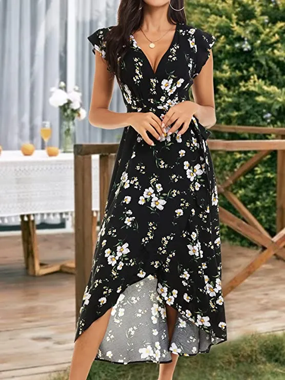 Womens Cap Sleeve Wrap V Neck Summer Floral Split Maxi Dress