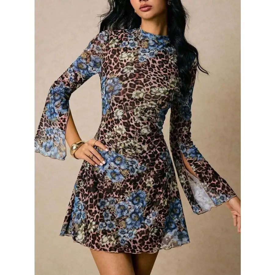 Print Slit Sleeve Mini Dress