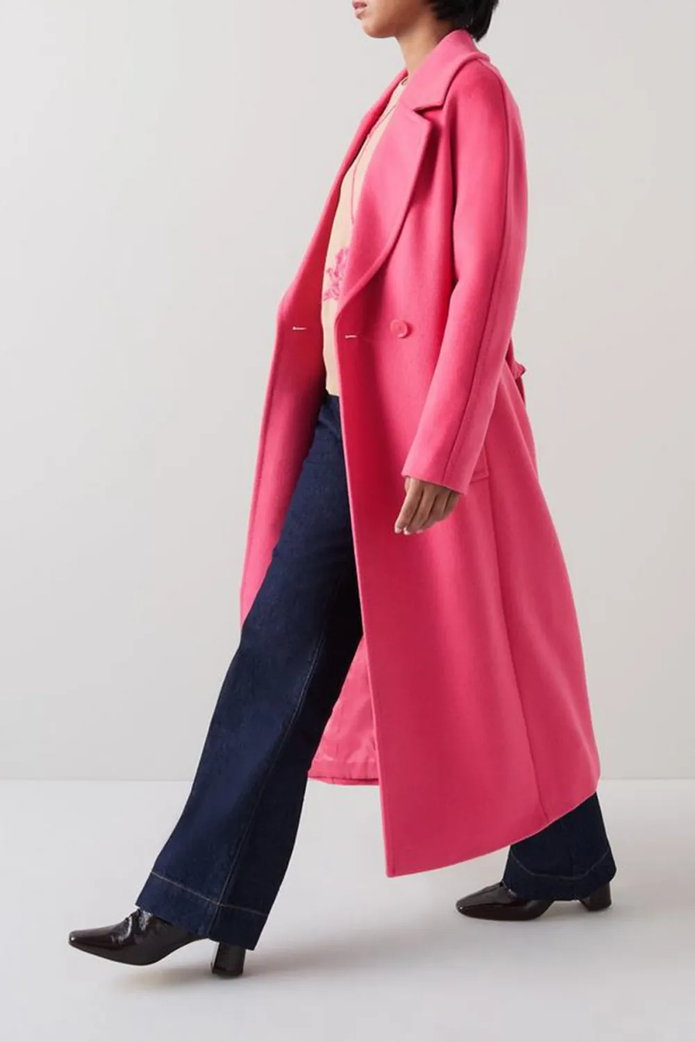 Pink Belted Long Wool Blend Coat