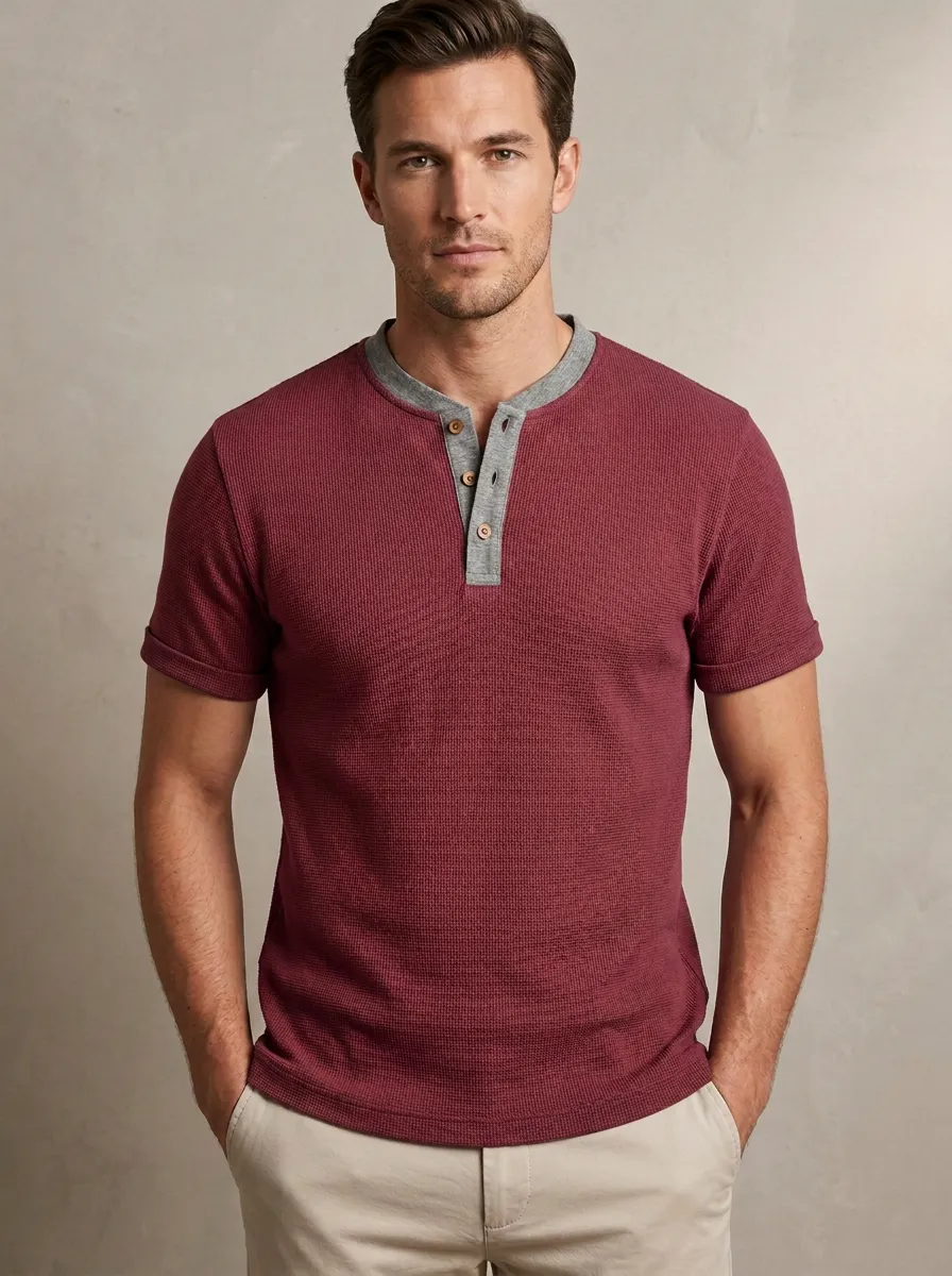 Men's Dynamic Waffle Knit Button Placket Henley Shirt