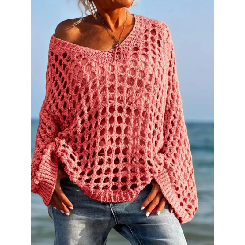 Women's Casual Loose-Fit V Neck Top - Hollow Out Design