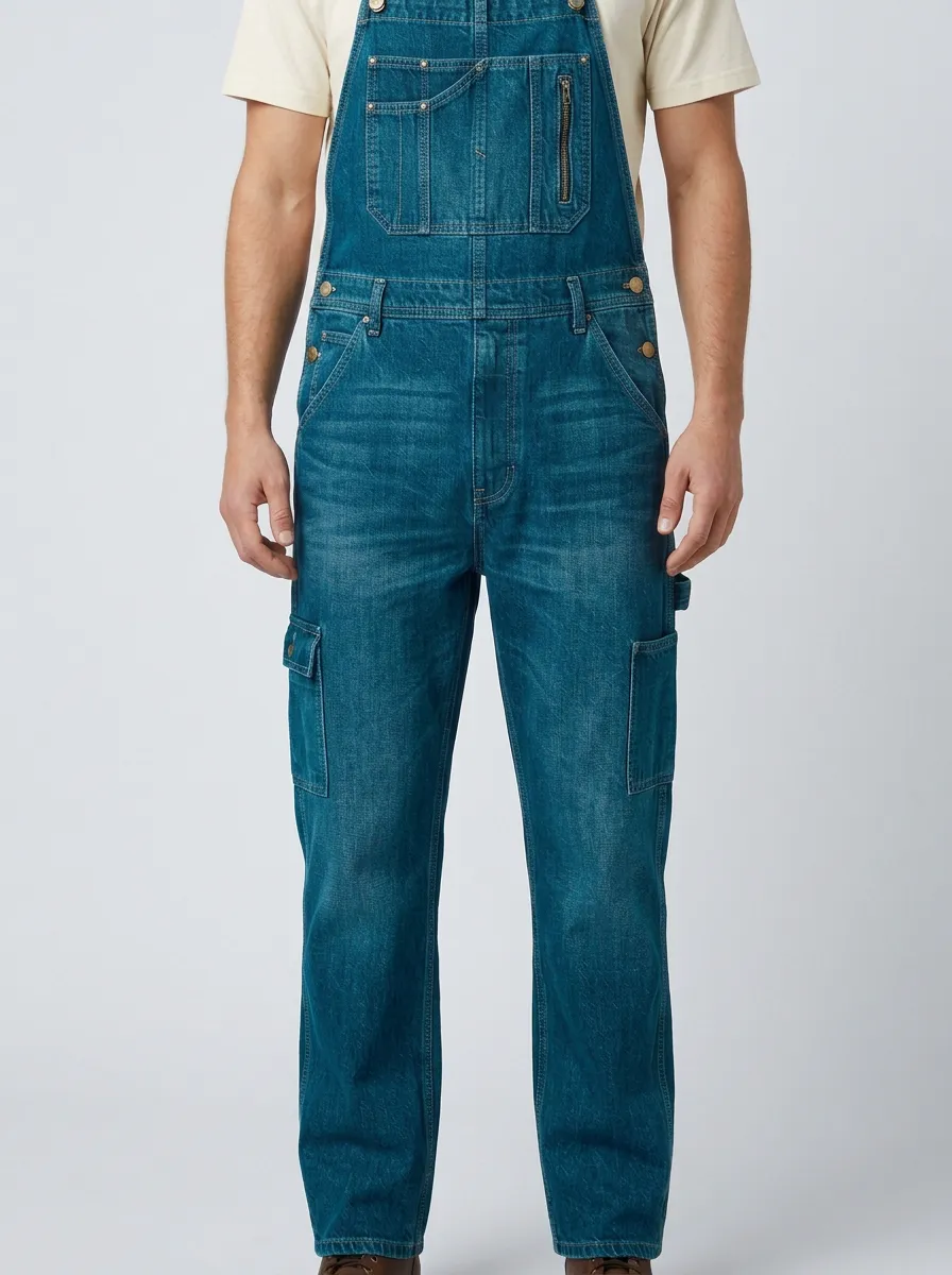Men's Vintage Washed Denim Cargo Bib Overalls