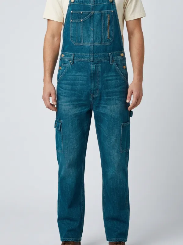 Men's Vintage Washed Denim Cargo Bib Overalls