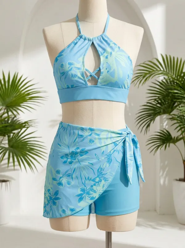 Women's Summer Beach Tropical Floral Printed Bikini Skirt Set