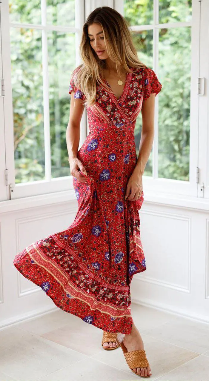 Short Sleeve Boho Floral High Split Maxi Dress