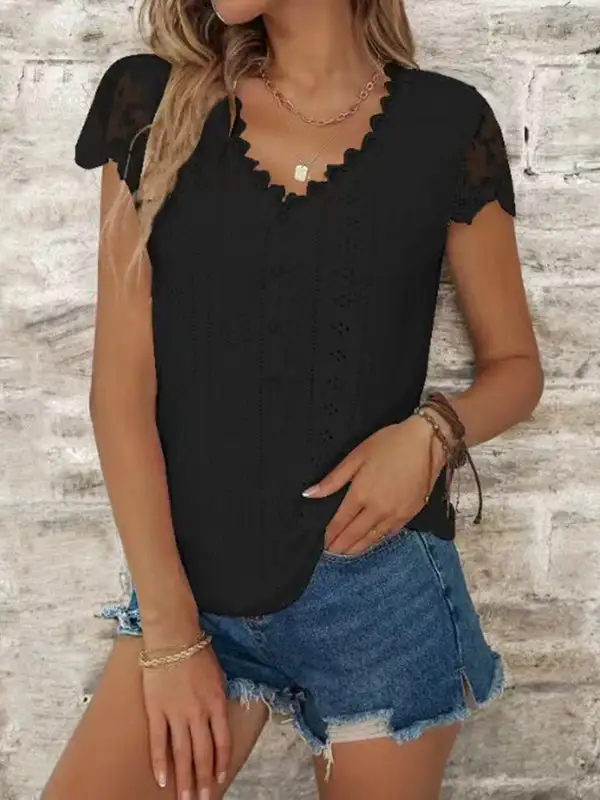 Relaxed Short Sleeve Button Detail Cutout Mesh Panel Detail V-Neck T-Shirt