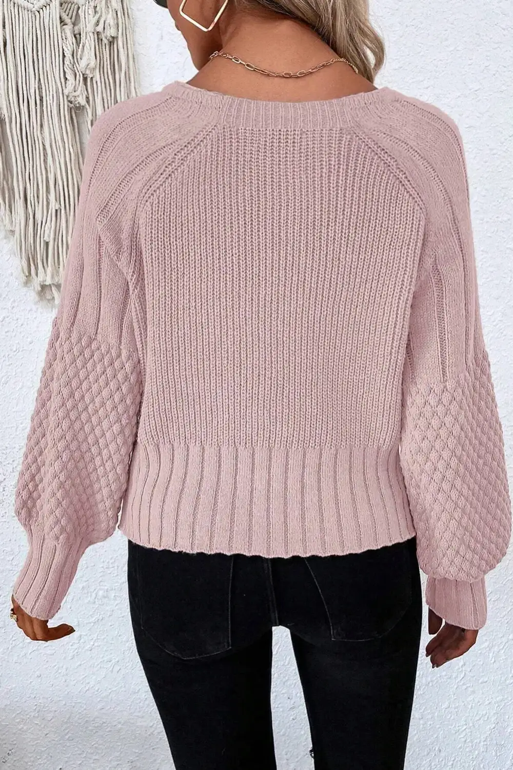 Mixed Texture Knit Button V Neck Cardigan