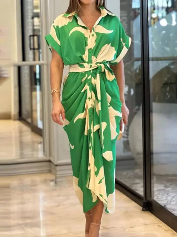 V Neck Pleated Belt Short Sleeve Midi Dress