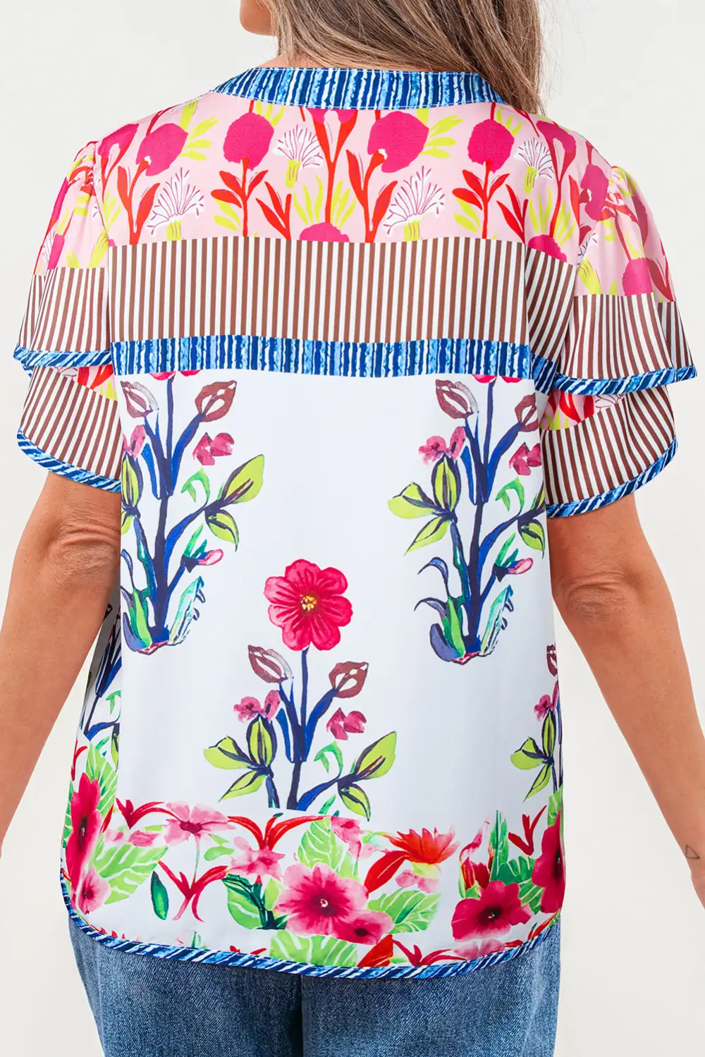 Pink Floral Striped Patchwork Short Sleeve Split Neck Blouse