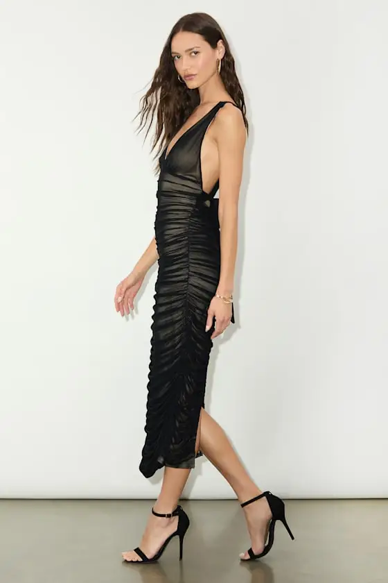 Jenesis Olive Mesh Ruched Tie-Back Midi Dress