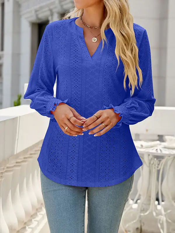 Long Sleeve Relaxed Elasticity Cutout V-Neck T-Shirt