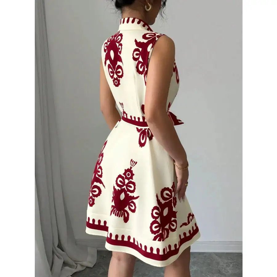 Printed Sleeveless Tie Waist Mini Dress