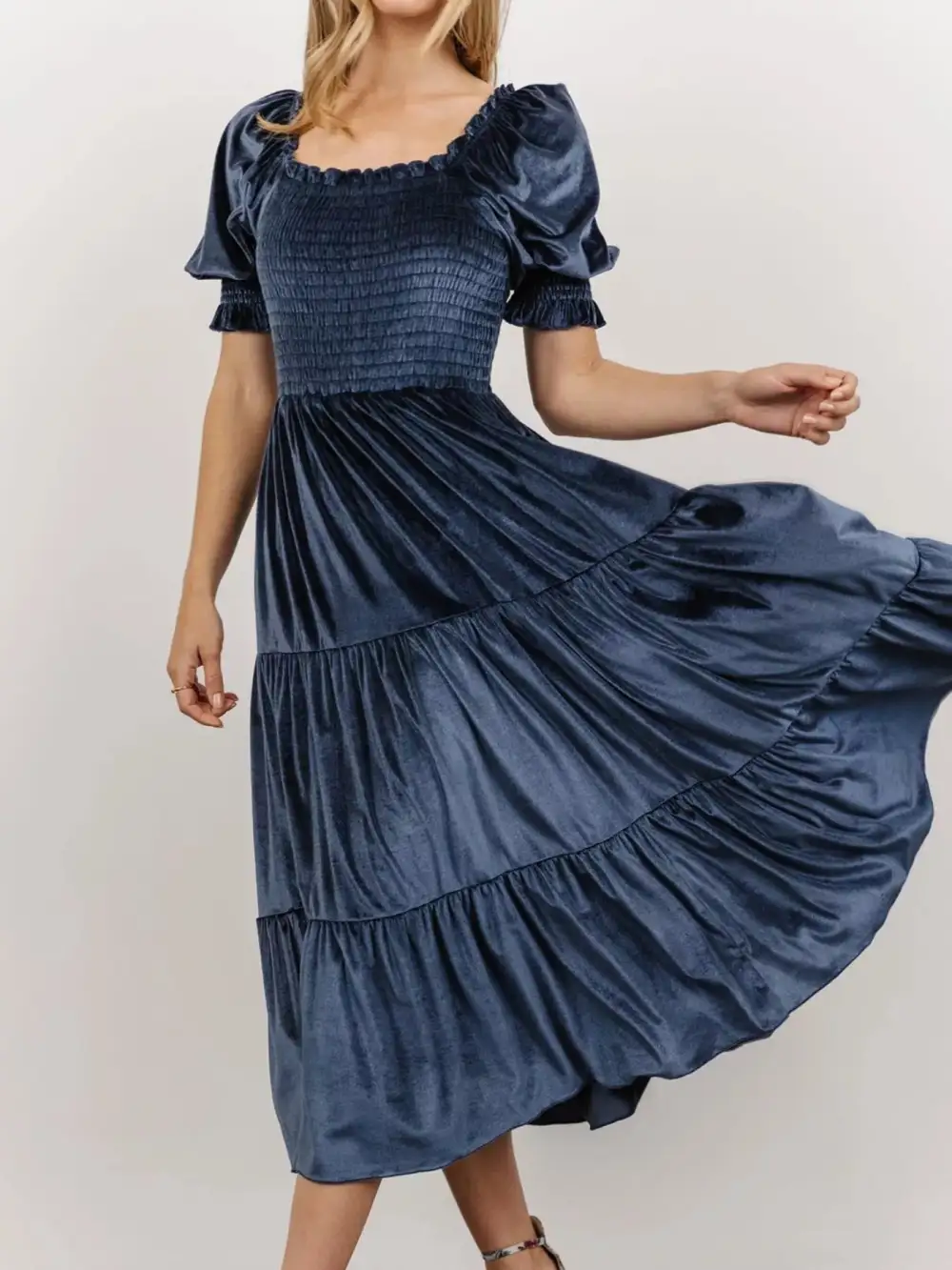 Velvet Tiered Smocked Midi Dress