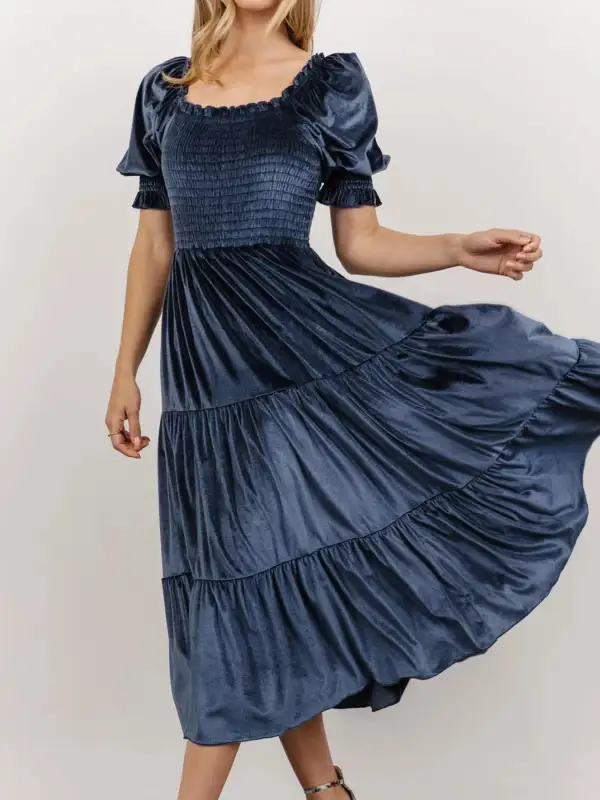 Velvet Tiered Smocked Midi Dress