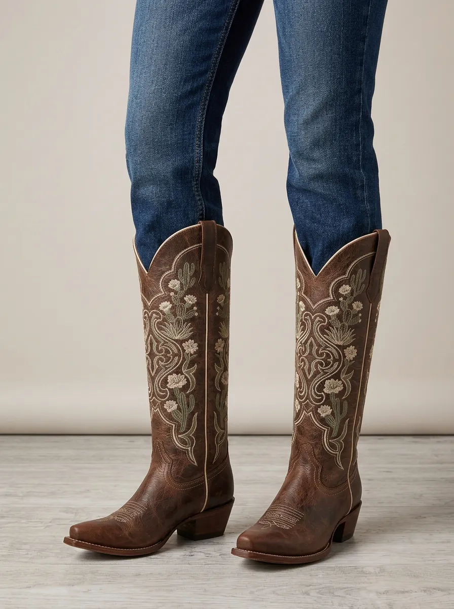 Women's Cactus Floral Wing Embroidered Piped Western Denim Over-the-Knee Boots