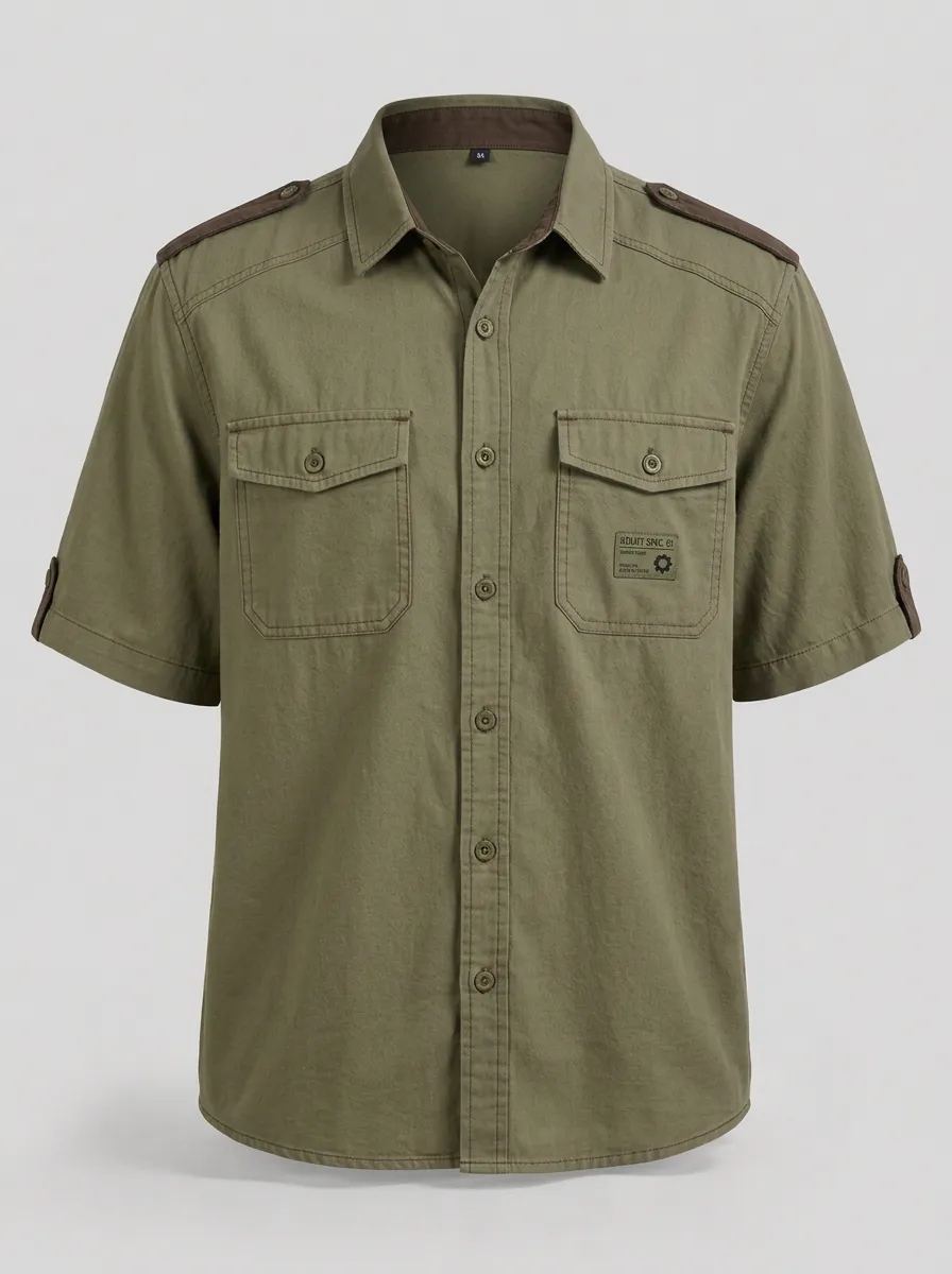 Men's Military Tactical Olive Green Patch Printed Short Sleeve Shirt